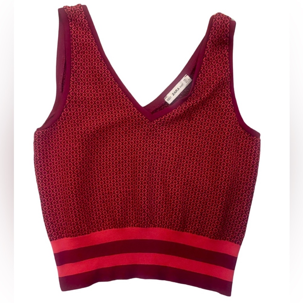 Zara knit two tone red cropped top with contrasting stripes, Women’s Size Large